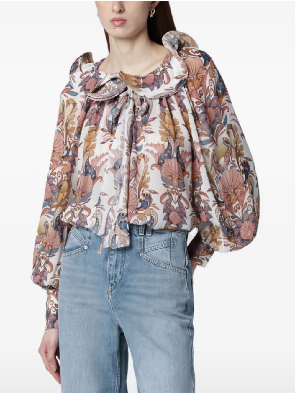 NWT Farm Rio Off-White Sea Garden ruffled long sleeve blouse